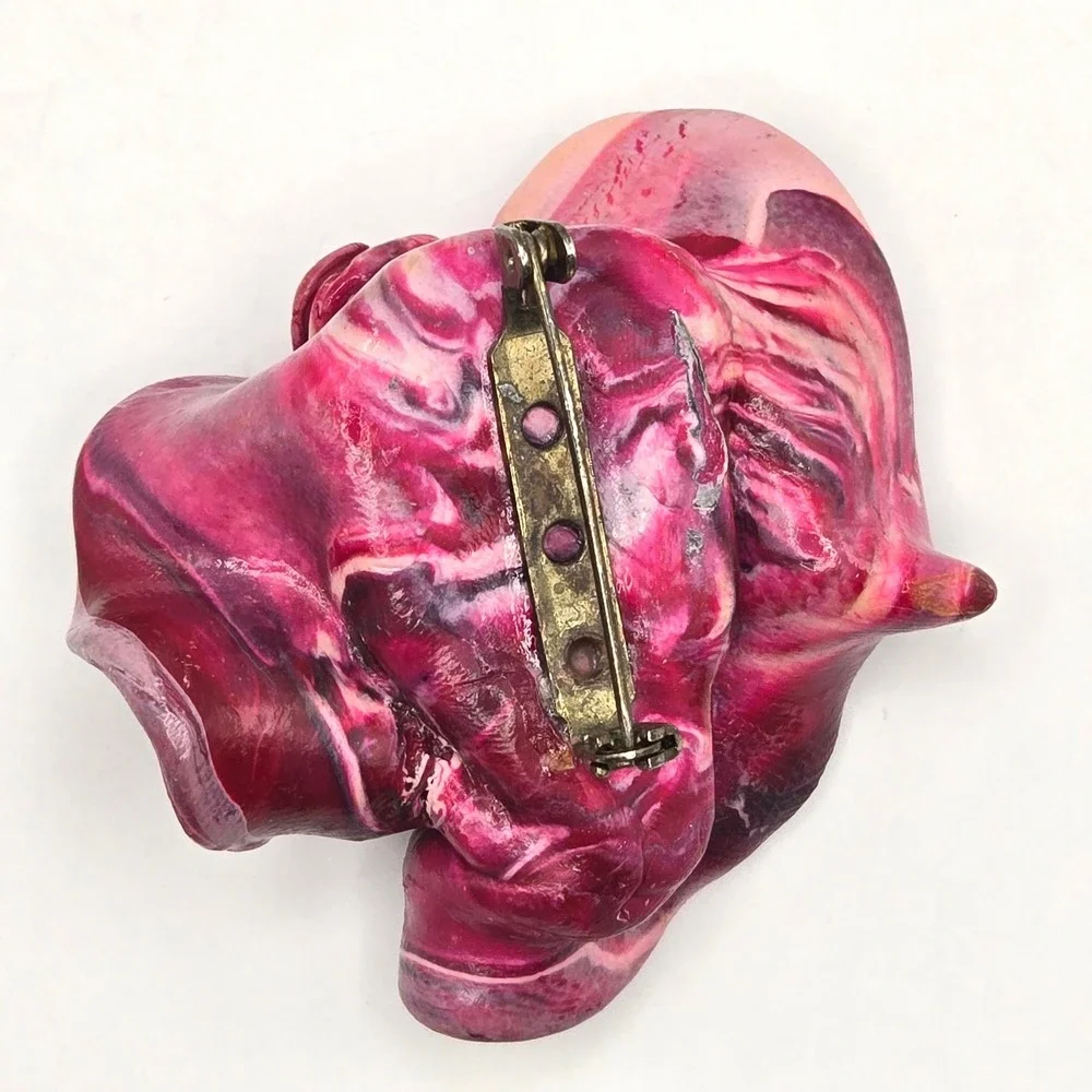 Handmade Lady Face Clay Brooch Pink Purple Marbled Hat Rose Art Deco Style